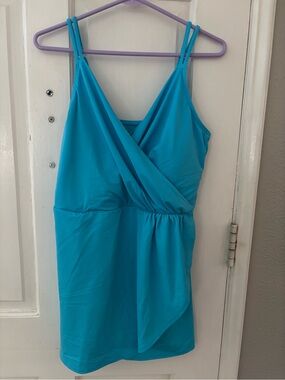 Lands' End Blue Solid One Piece Swimdress Swimsuit Adjustable Straps L 14-16